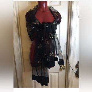 NEW VTG BLOOMINGDALES ITALY SILK BORDER- WRAP SCARF 84" X 24" FLORAL EMBROIDERED